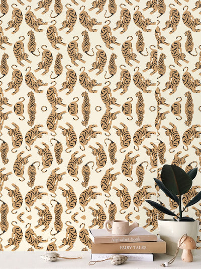 Neutral Tiger Wallpaper for Tropical Jungle Nursery & Kid's Room