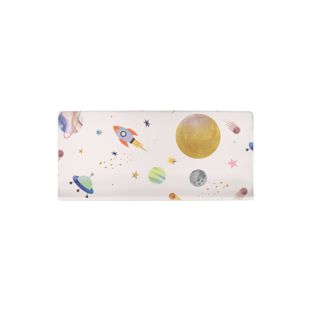 Pink Galaxy changing pad cover with planets, stars, rockets, and moon. 
